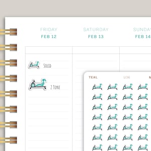 May include: A sheet of teal, black, and white stickers featuring a rowing machine icon. The stickers are labeled "Teal", "U36", and "Mini".
