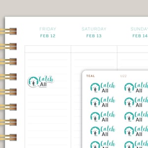 May include: Teal and white planner stickers with the text "Catch All" and a graphic of a house with a person cleaning inside. The stickers are arranged in a grid pattern.