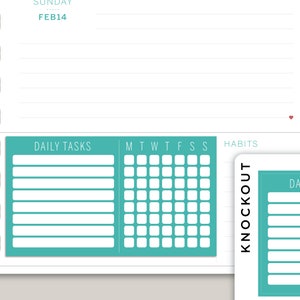 May include: A teal blue planner page with a section for daily tasks, a habit tracker, and a section for daily tasks labeled "Knockout".