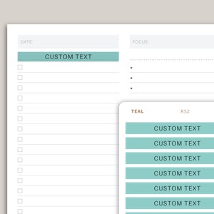 Op de afbeelding: Een afdrukbare plannerpagina met een teal en wit kleurenschema. De pagina heeft een sectie voor een datum, een focusgebied en een lijst met taken. De pagina bevat ook een sectie voor aangepaste tekst.