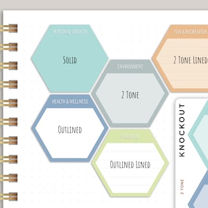 May include: A white page with a hexagonal grid pattern.  Each hexagon has a different color and a label.  The labels are: "Personal Growth", "Solid", "Environment", "2 Tone", "Health & Wellness", "Outlined", "Financial", "Outlined Lined", "Fun & Recreation", "2 Tone Lined", "Knockout", "2 Tone", "Personal Growth", "Health & Wellness".