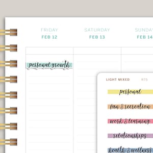 May include: A weekly planner with a light blue, yellow, pink, purple, and light blue color scheme. The planner has a section for each day of the week, with the days labeled "Friday", "Saturday", and "Sunday". The planner also has a section for "personal growth", "fun & recreation", "work & learning", "relationships", and "health & wellness".