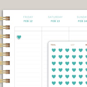 May include: Teal mini heart stickers with the words "Teal", "U37", and "Mini" printed on the sheet. The stickers are arranged in a grid pattern.