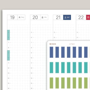 May include: A sheet of colorful stickers with the words "MIXED" and "HTM2" printed on them. The stickers are in various colors, including blue, green, yellow, orange, and red. The stickers are arranged in rows of six, with each row containing a different color.