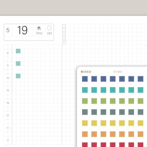 Op de afbeelding: Een wekelijkse plannerpagina met een rasterindeling. De datum is 5/19, donderdag, en het paginanummer is 143. De pagina heeft een sectie voor notities en een sectie voor een dagelijks schema. De sectie voor het dagelijkse schema heeft een kolom voor elk uur van de dag, van 6 uur 's ochtends tot 10 uur 's avonds. De pagina bevat ook een sectie voor een stickerblad met gemengde kleuren met 10 rijen van 10 vierkanten. De kleuren van de vierkanten zijn blauw, turquoise, groen, grijs, geel, oranje en rood.