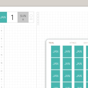 May include: A teal blue planner page with a grid pattern. The top of the page has a calendar section with the date January 1st, Sunday, and the number 001. The bottom of the page has a section for daily notes.