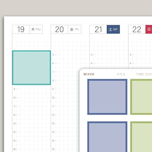 May include: A weekly planner with a grid layout and a teal colored box on the Thursday page.  The planner has a section for "Mixed", "HTL5", and "Time Covered" with blue and green squares.