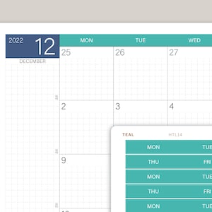 May include: A monthly calendar planner with a teal and white colour scheme. The month of December 2022 is displayed with the number 12 in a blue box. The calendar has a grid layout with days of the week labelled at the top. The calendar is designed for daily planning and scheduling.
