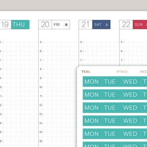 May include: A planner page with a grid layout, featuring dates and days of the week. Teal-coloured stickers with the days of the week are visible. The top of the page displays the days of the week, with the 19th, 20th, 21st, and 22nd highlighted.