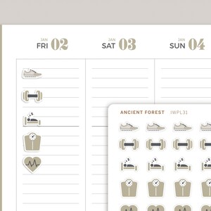 May include: A planner page featuring fitness icons: trainers, dumbbells, a bed, scales, and a heart rate monitor. The page is dated 2nd, 3rd, and 4th of January. A sticker sheet with matching icons is also visible, with the text "ANCIENT FOREST IWP31".