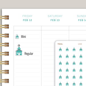 May include: A sheet of teal church stickers with the words "Teal" and "U88" printed at the top. The stickers are in two sizes, "Mini" and "Regular", and are shown on a planner page with the dates "Feb 12", "Feb 13", and "Feb 14".