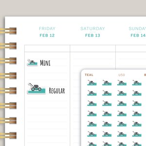 May include: A sheet of stickers with lawnmower icons in teal and gray. The stickers are labeled "Teal", "U50", and "Regular". The sheet also includes two labels that say "Mini" and "Regular".