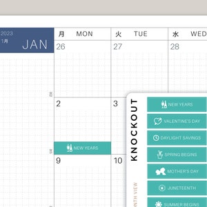 May include: A monthly calendar planner with a blue header that says "JAN" and "2023". The calendar is divided into days of the week, with each day having a grid of squares. The calendar also includes a list of holidays and events, such as "New Years", "Valentine's Day", and "Mother's Day".