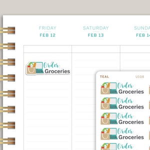 May include: Teal planner stickers with a laptop, shopping bag, and groceries. The text on the stickers says "Order Groceries".