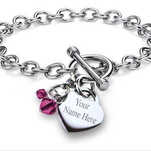 Personalized Customized Name Stainless Steel Heart Toggle Charm Bracelet With Detachable Birthstone Crystal Charm Bridesmaids Gifts Engraved