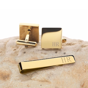 Personalisierte 14k Gold über Edelstahl Manschettenknöpfe Krawattenhalter Clip Set Benutzerdefinierte quadratische Manschettenknöpfe, Geschenk für Mann, Bräutigam, Trauzeugen