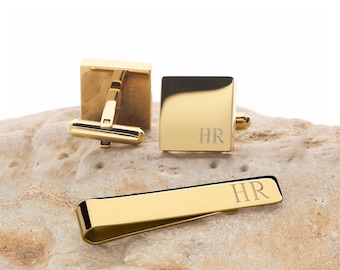 Personalized 14k Gold Plated Cufflinks Tie Bar clip Set Custom Square Cuff Links Stainless Steel, Gift for Man, Groom, Groomsmen