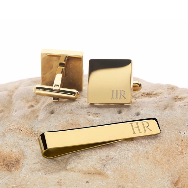 Personalized 14k Gold Plated Cufflinks Tie Bar clip Set Custom Square Cuff Links Stainless Steel, Gift for Man, Groom, Groomsmen
