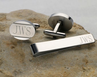 Personalized Cuff links Tie Bar clip Set Customized Oval Stainless Steel CuffLinks, Monogram Gift for Man, Dad, Groom, Groomsmen Engraved