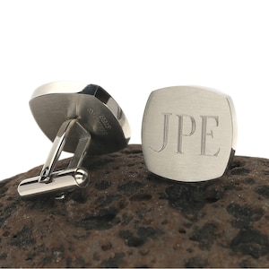 Personalized Cuff links Customized Cushion Square Cufflinks Brushed Stainless Steel Monogram Gift for Man, Groom, Groomsmen Engraved Stud