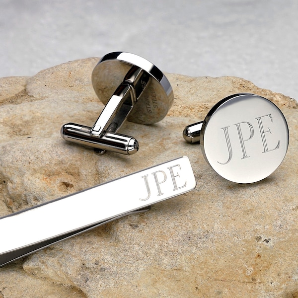 Personalized Cuff links Tie Bar clip Set Customized Infinity Round Stainless Steel CuffLinks, Monogram Gift Man, Groom, Groomsmen Engraved