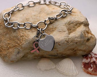 Personalized Customized Name Breast Cancer Awareness Stainless Steel Heart Charm Bracelet Jewelry With Detachable Pink Ribbon Charm 7.5"