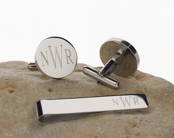 Personalized Silver Tone Cufflinks & Tie clip Bar Set Customized Stainless Steel Infinity Round CuffLinks, Monogram, Groom, Groomsmen Gift