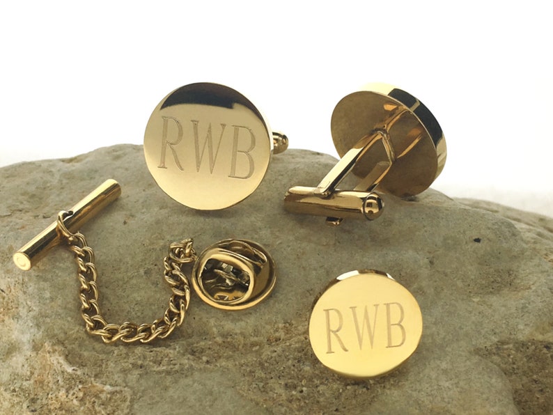 Personalized 14k Gold Plated Cuff Links Tie Tack Pin Set Etsy