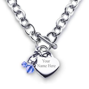 Personalized Customized Name Heart Toggle Necklace Stainless Steel W/Detachable Birthstone Crystal Charm, Monogram Bridesmaids Gift Engraved