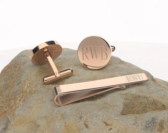 Personalized 14k Rose Gold Plated Cuff links Tie Bar clip Set Customized Round Stainless Steel CuffLinks, Gift for Man Dad, Groom, Groomsmen