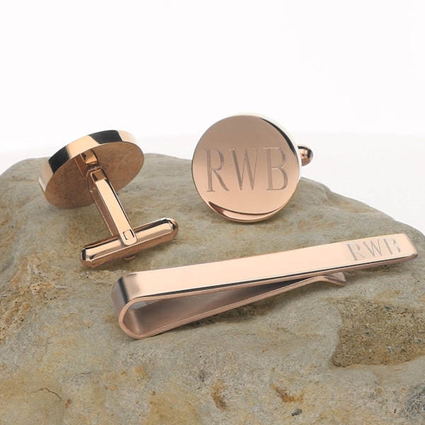 Personalized 14k Rose Gold Plated Cuff links Tie Bar clip Set Customized Round Stainless Steel CuffLinks, Gift for Man Dad, Groom, Groomsmen