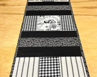 Quilted Table Runner Black & White Rustic, Fall, Pumpkins