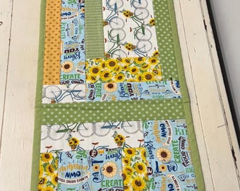 Handmade Quilted Table Runner with Sunflowers & Bicycles – Farmhouse Summer Kitchen Runner