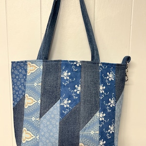 Handmade Blue Denim & Cotton Tote Bag – Quilted Patchwork Tote with Pockets – Reusable Shopping Bag, Market Tote, Everyday Carryall