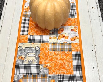 Handmade Autumn Quilted Table Runner – Pumpkin Patch Farmhouse Decor, Orange & Plaid Fall Centerpiece
