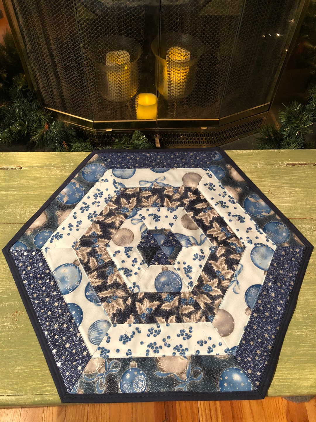 Quilted Hexagon Table Topper Holiday Blues Etsy