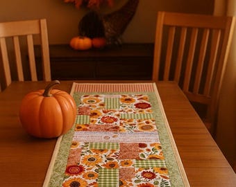 Handmade Autumn Quilted Table Runner, Fall Sunflower & Harvest Decor, Rustic Farmhouse Dining Table Topper