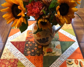 Handmade Autumn Quilted Table Topper – Fall Patchwork Centerpiece with Leaves & Seasonal Colors