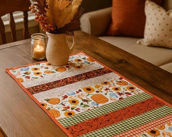 Handmade Quilted Fall Table Runner – Pumpkin & Sunflower Autumn Decor
