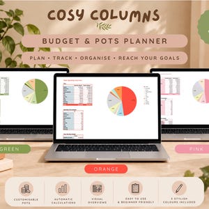 May include: Three laptops displaying a digital budget and pots planner titled COSY COLUMNS. The screens show tables and pie charts in green, orange, and pink color schemes. Text includes PLAN, TRACK, ORGANISE, REACH YOUR GOALS, and GOOGLE SHEETS ONLY.