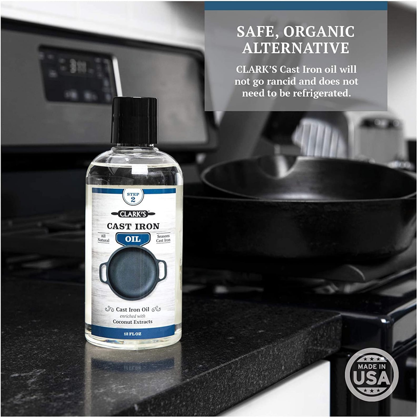 Cast Iron Seasoning Oil 12 Ounces by CLARK'S 100 Plant Based vegan No Mineral Oil Prevents Rust