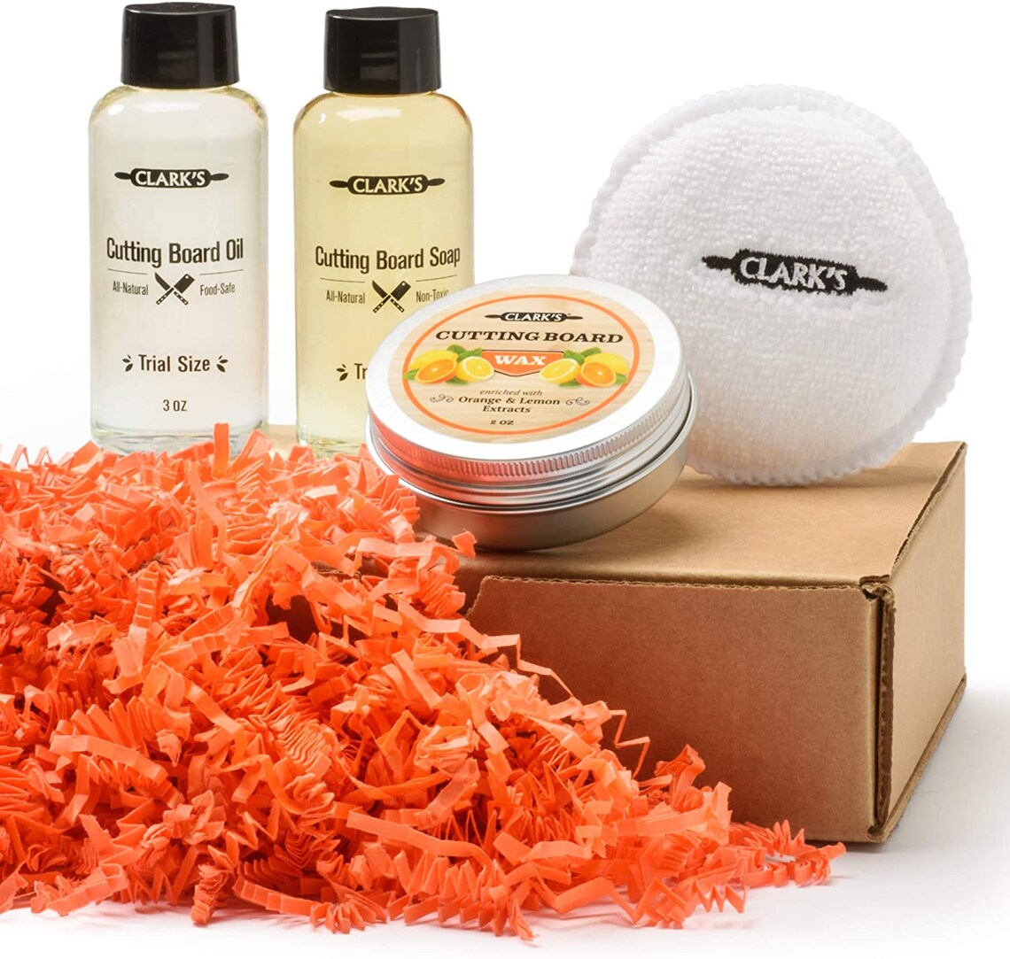 CLARK'S Cutting Board Care Gift Set Cutting Board Soap, Oil, Wax, and Buffing Pad. Enriched with