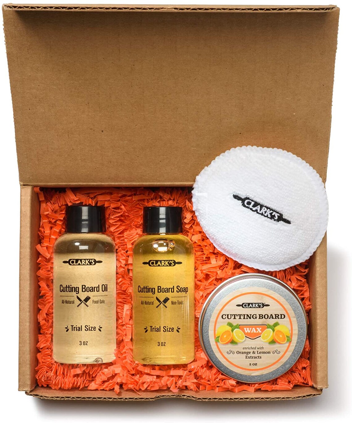 CLARK'S Cutting Board Care Gift Set Cutting Board Soap, Oil, Wax, and Buffing Pad. Enriched with