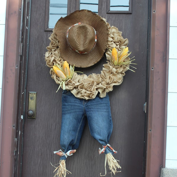 Scarecrow wreath for front door decor fall wreath, autumn decorations for home, Thanksgiving hostess gift, rustic wreath harvest wreath