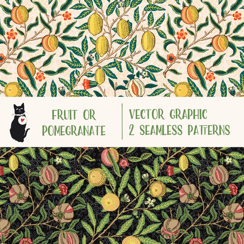 Puede incluir: Dos patrones sin costuras que presentan un dise&ntilde;o repetitivo de frutas y hojas. El patr&oacute;n superior tiene un fondo crema con limones amarillos, melocotones rojos y hojas verdes. El patr&oacute;n inferior tiene un fondo negro con granadas marrones, limones amarillos, melocotones rojos y hojas verdes. El texto "Fruit or Pomegranate" y "Vector Graphic 2 Seamless Patterns" se muestra en el medio de la imagen.