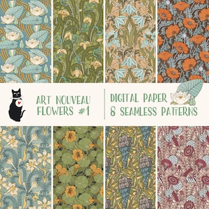 Fleurs Art nouveau - Set #1 - Modèles sans couture, téléchargement immédiat sur papier numérique, motif floral vintage imprimable, Maurice Pillard Verneuil
