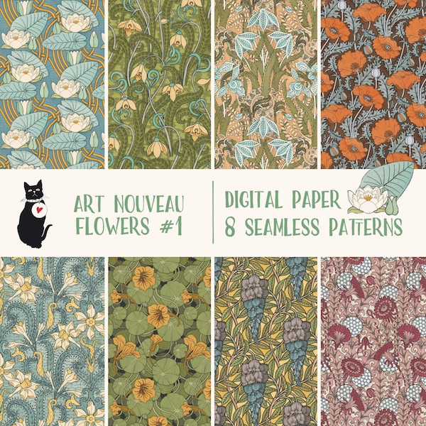 Art Nouveau Flowers - Set #1 - Seamless patterns, instant download digital paper, printable vintage floral design, Maurice Pillard Verneuil