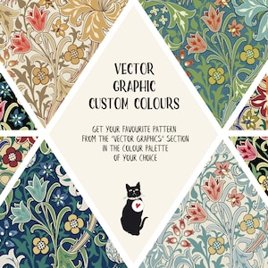 May include: A collection of floral pattern designs in various colors, arranged in diamond shapes. The image includes text that reads "VECTOR GRAPHIC CUSTOM COLOURS" and a black cat illustration with a heart.
