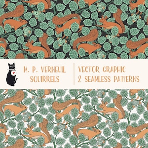 May include: Two seamless patterns featuring squirrels in a forest setting. The patterns are on a black and white background with green leaves and brown squirrels. The text "M. P. VERNEUIL SQUIRRELS VECTOR GRAPHIC 2 SEAMLESS PATTERNS" is at the bottom of the image.