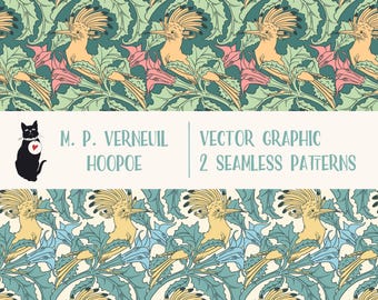 May include: Two seamless patterns featuring a stylized hoopoe bird with a yellow body and black and white crest, surrounded by green leaves and pink flowers. The text "M. P. VERNEUIL HOOPOE" and "VECTOR GRAPHIC 2 SEAMLESS PATTERNS" is included.